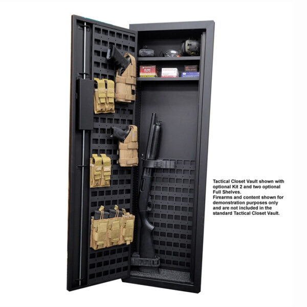 V-Line Tactical Closet Vault In-Wall Safe 51653-S FBLK Open Full With Shotgun, 2 Shelf Kits & Molle Board Kit 2